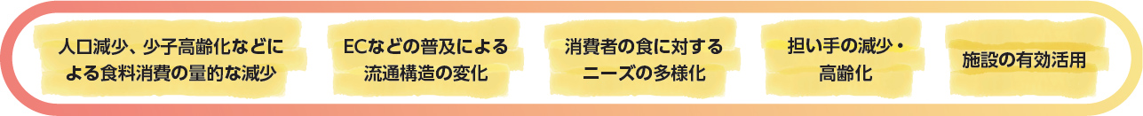 人口減少、少子高齢化などによる食料消費の量的な減少 ECなどの普及による流通構造の変化 消費者の食に対するニーズの多様化 担い手の減少・高齢化 施設の有効活用