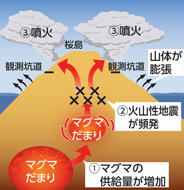 噴火の仕組み。マグマの供給量が増加。マグマだまり。➁火山性地震が頻発。山体が膨張。➂噴火