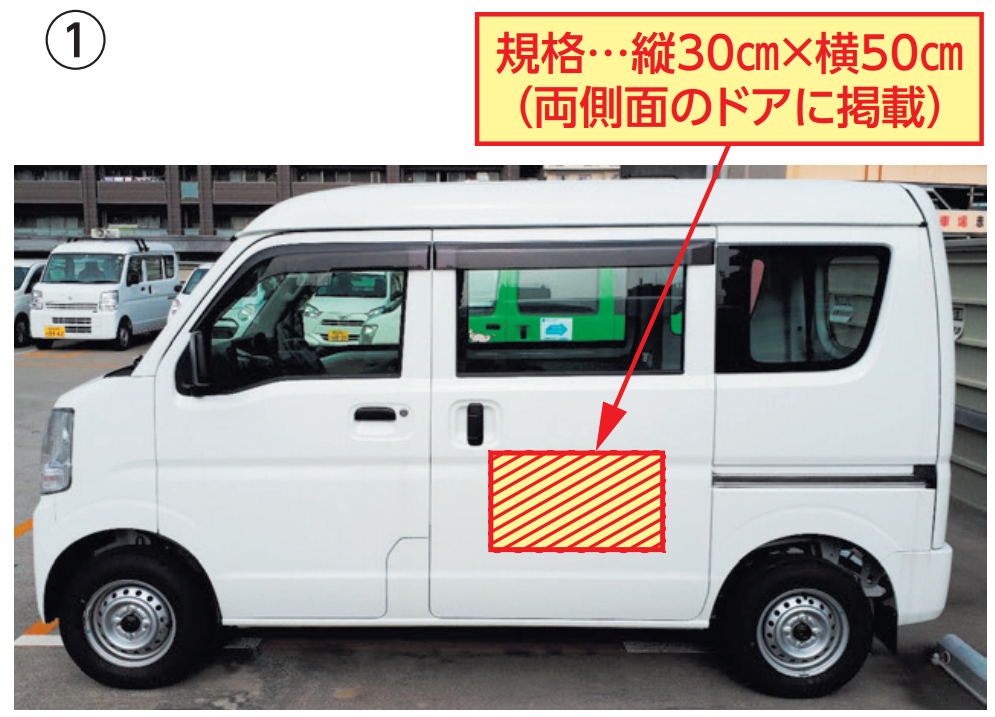 公用車への広告(規格…縦30㎝×横50㎝
（両側面のドアに掲載）)